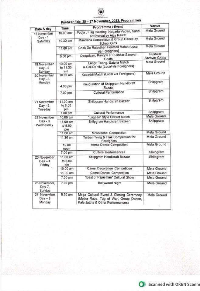 Pushkar Fair 2023 schedule